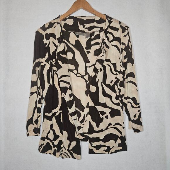 Chico's Travelers Sweaters - Chico's Travelers Brown and Tan 3/4 Sleeve Knit Cardigan Animal Print